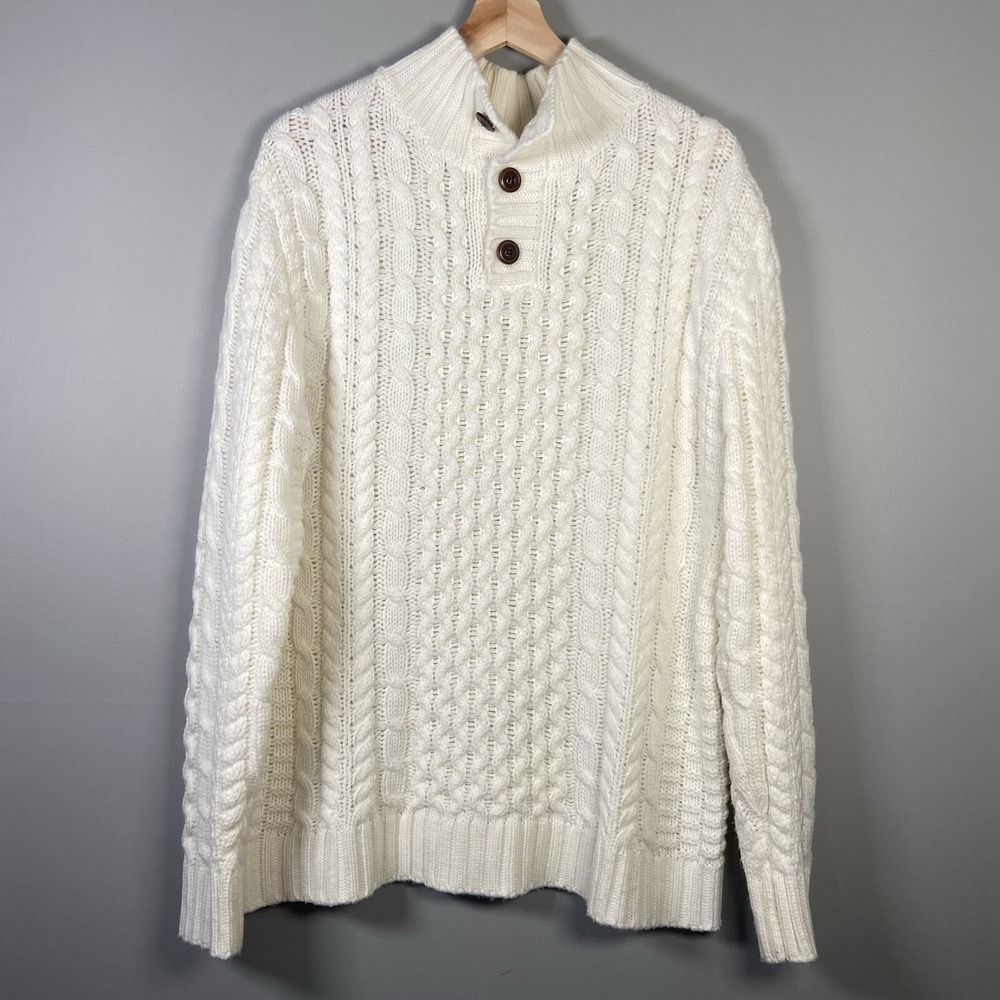 Cable-Knit Ivory Mockneck Cotton Blend Fisherman Sweater Size M Neutral Minimal